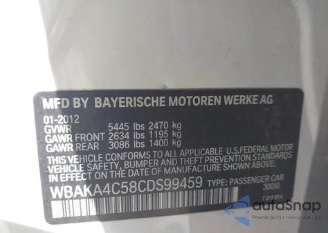 2012 BMW 740I z USA, uszkodzony, nr VIN WBAKA4C58CDS99459